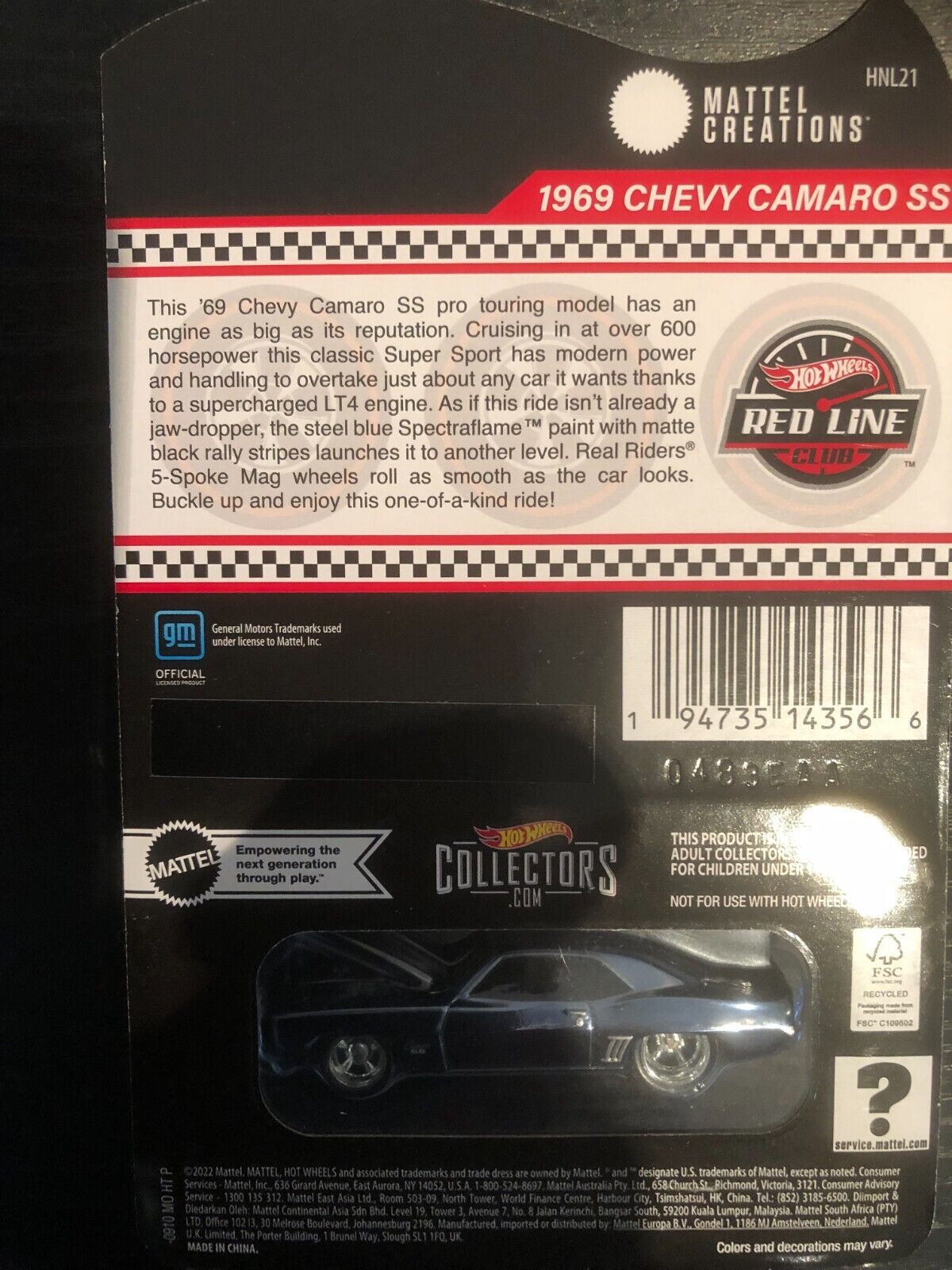 Hot Wheels 1969 Chevrolet Camaro SS Red Line Club Special Limited Release