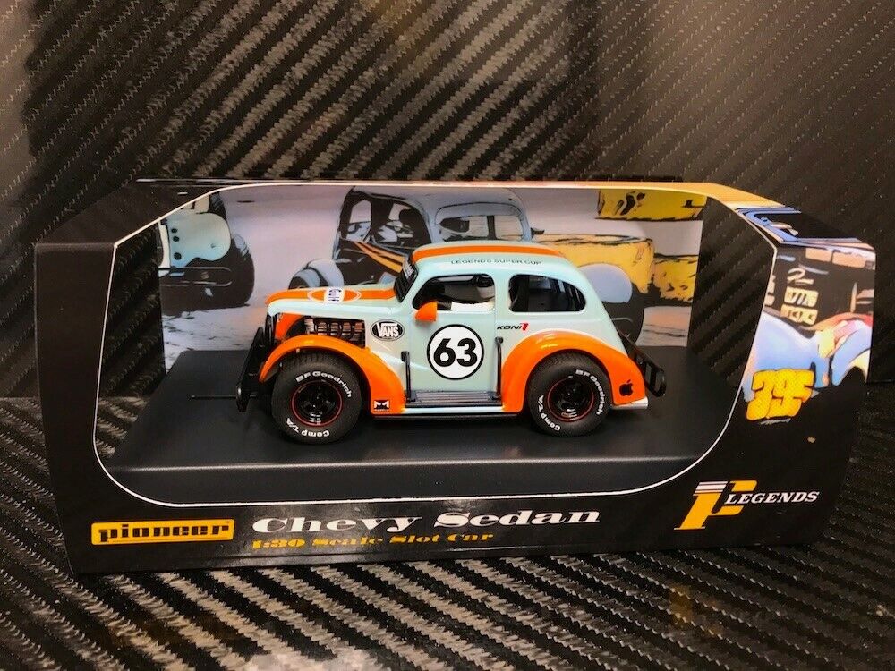 Pioneer Slot Car P139 Racing Legends 37 Chevy Sedan Gulf Logo Shadechanger Blue