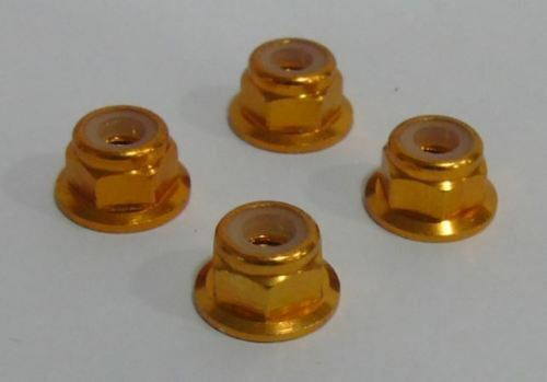 Trickbits Gold Aluminium Flanged Nyloc 4mm Wheelnuts 4Pk M4 Nuts TB4512