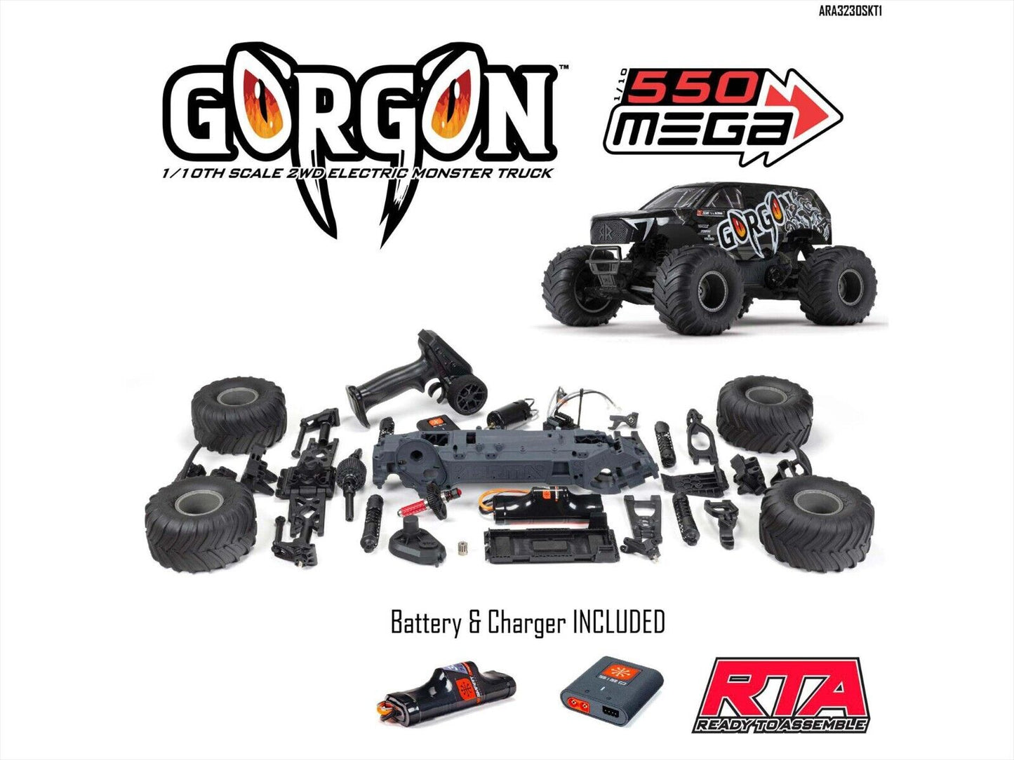 ARRMA Gorgon 2wd MT 1/10 Ready-To-Assemble Kit w/8.4v/Chg Gunmetal RC CAR
