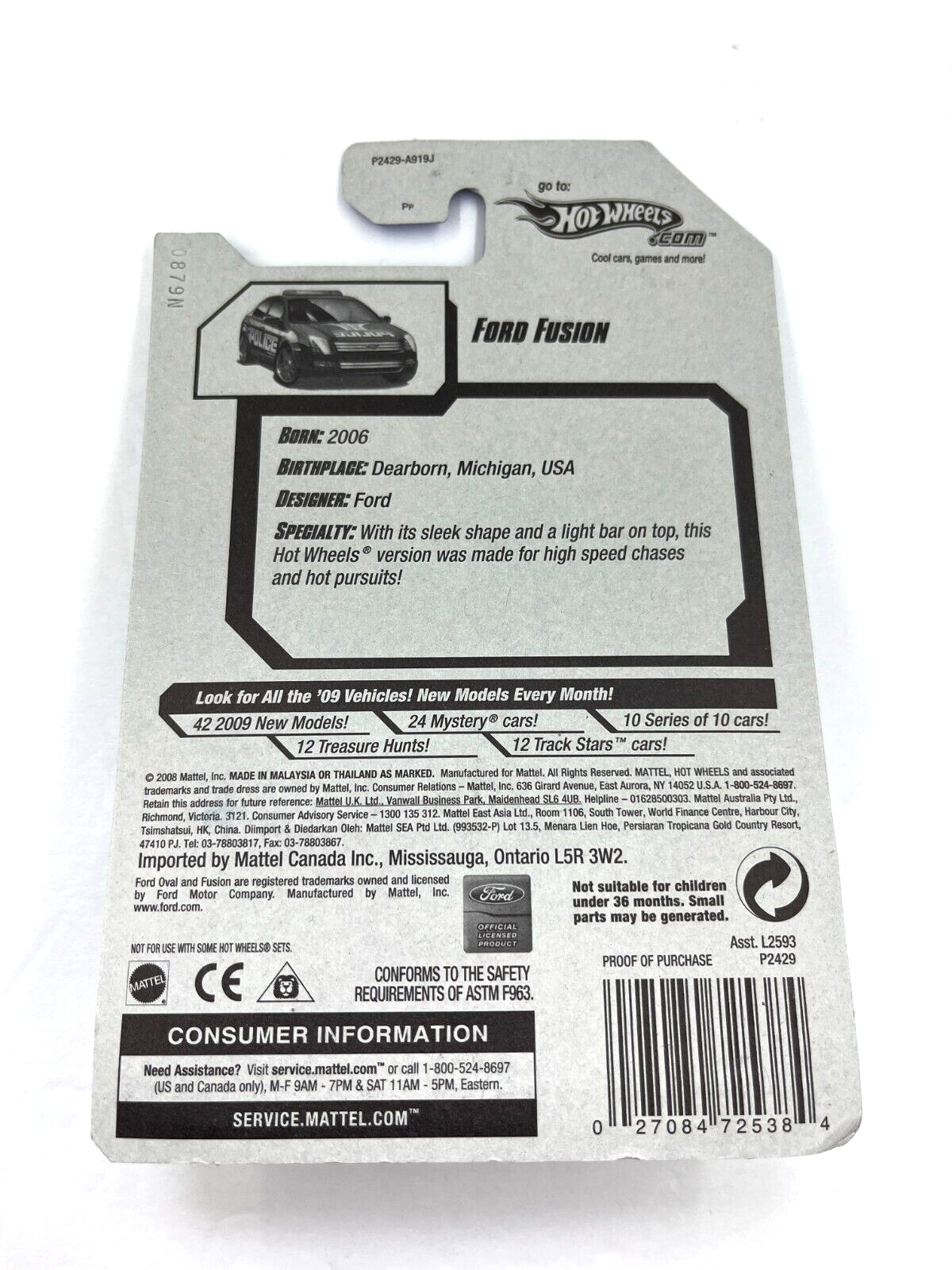 RARE Hot Wheels 2009 Ford Fusion Police Car 03/10 HW City Works