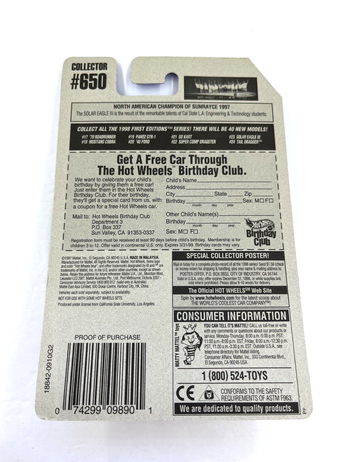 RARE Hot Wheels 1998 First Editions Solar Eagle III 23/40 #650