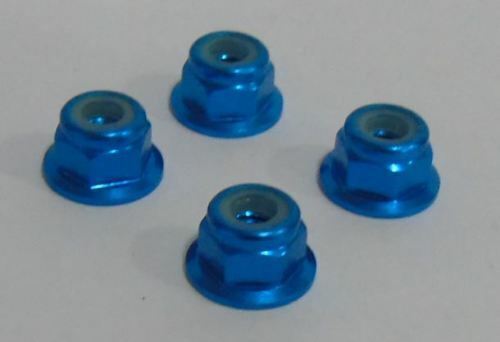 Trickbits Blue Aluminium Flanged Nyloc 4mm Wheelnuts 4Pk M4 Nuts TB4511