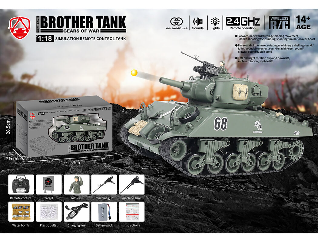 BROTHER TANK RC TANK 1:18 USA M4A3 SHERMAN GREEN