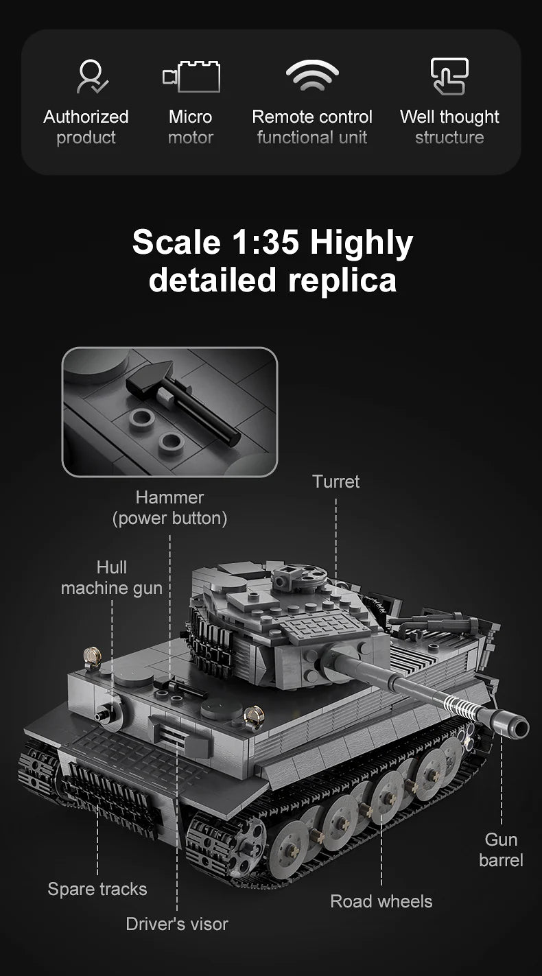 CaDA RC MOC- Tiger Tank - 925pcs Brick Kit