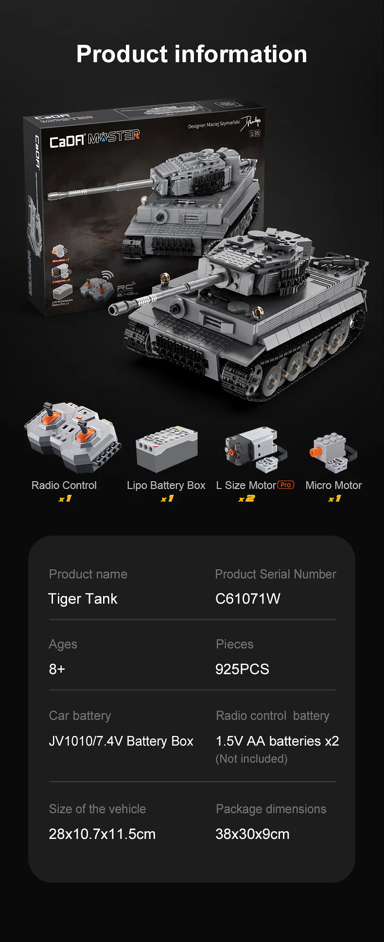 CaDA RC MOC- Tiger Tank - 925pcs Brick Kit