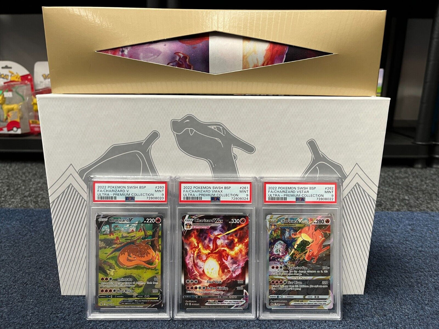 Pokemon UPC Charizard PSA Graded MINT 9 FULL SET BUNDLE 3 CARDS PLAYMAT BOX