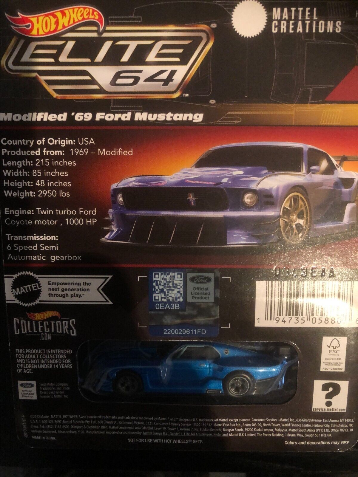 Hot Wheels Modified '69 Ford Mustang Elite 64 Collectors Edition