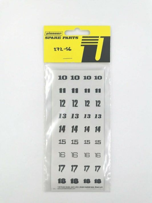 Pioneer Slot Cars Sticker Sheet No.6 ( Numbers 10-18 ) 272-S6