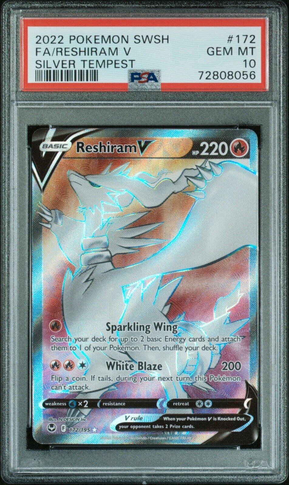 2022 Pokemon Sword and Shield Silver Tempest FA Reshiram 172/195 PSA 10 Gem Mint