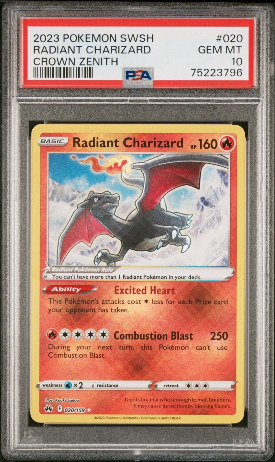 2023 Pokémon Sword & Shield Crown Zenith Radiant Charizard 020/159 PSA 10 GEM MT