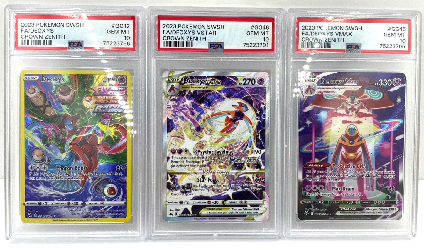 Pokemon TRIPLE DEOXYS 2023 SWSH Crown Zenith GG12-GG46-GG45 V-VMAX-VSTAR PSA 10